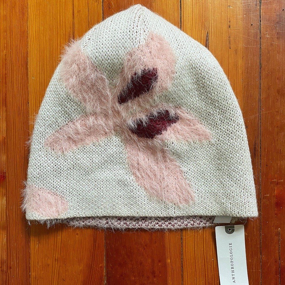 NWT Anthropologie beanie hat floral bloom pink white 38% wool
